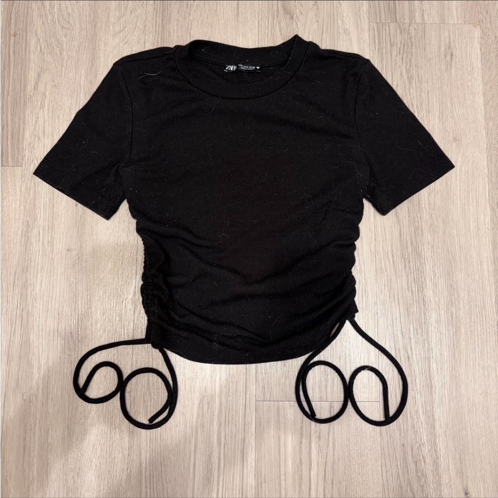 Zara Black Short-Sleeve Ruched Drawstring Top